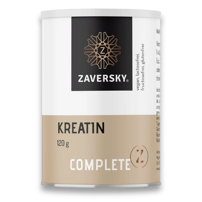 Zaversky Kreatin Complete in beige-weißer Dose, 120 g, mit Hinweisen vegan, lactosefrei, fructosefrei und glutenfrei.

