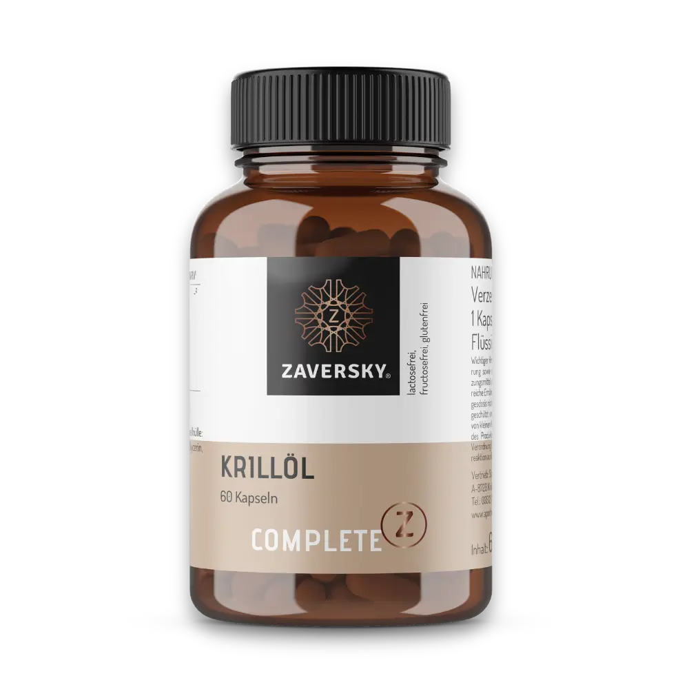 Braune Kapseldose Zaversky Complete Z Krillöl mit 60 Kapseln, schwarzem Deckel und beigem Etikett.
