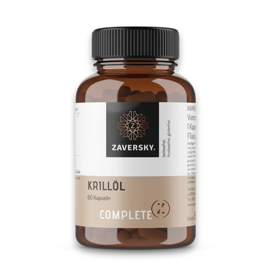 Braune Kapseldose Zaversky Complete Z Krillöl mit 60 Kapseln, schwarzem Deckel und beigem Etikett.
