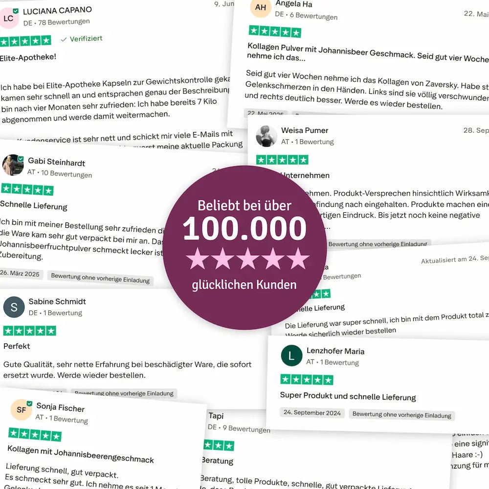 Collage aus Trustpilot-Kundenbewertungen mit fünf Sternen und Siegel „Beliebt bei über 100.000 glücklichen Kunden“.