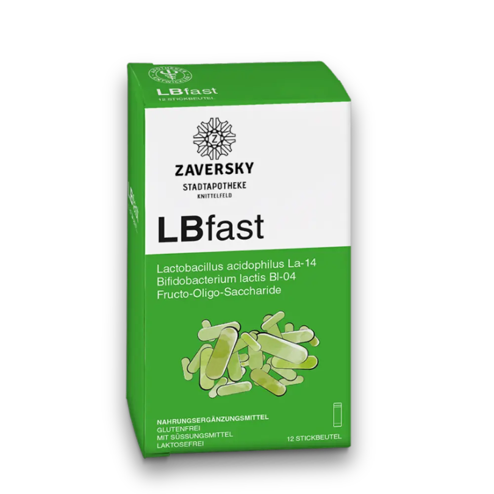 LBfast von Zaversky Stadtapotheke, grüne Packung mit Lactobacillus acidophilus und Bifidobacterium lactis, 12 Stickbeutel, glutenfrei