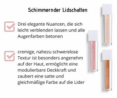 Infografik zu schimmerndem flüssigen Lidschatten von Dolomia in drei Nuancen – champagner, rosé und kupfer – mit Hinweisen zur cremigen Textur und modulierbaren Deckkraft.