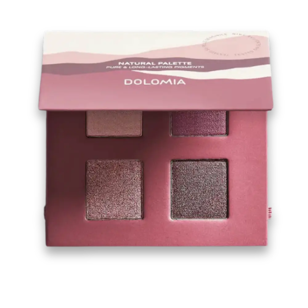 Dolomia Natural Palette mit vier Lidschatten in Beere-, Braun- und Pflaumentönen, geöffnete Palette in Vorderansicht