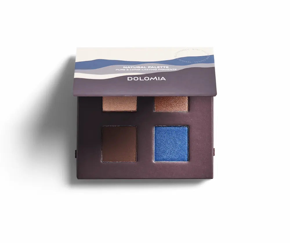 Dolomia Natural Palette Lidschattenpalette mit vier Farben in Hellbraun, Kupfer, Dunkelbraun und Blau, geöffnete Verpackung