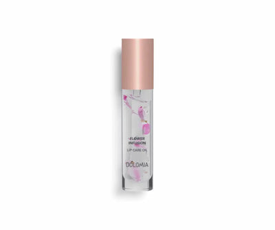 Dolomia Flower Infusion Lip Care Oil in transparenter Flasche mit rosa Blütenblättern und roségoldenem Verschluss, Vorderansicht