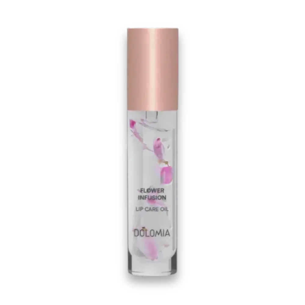 Dolomia Flower Infusion Lip Care Oil in transparenter Flasche mit rosa Blütenblättern und roségoldenem Verschluss, Vorderansicht