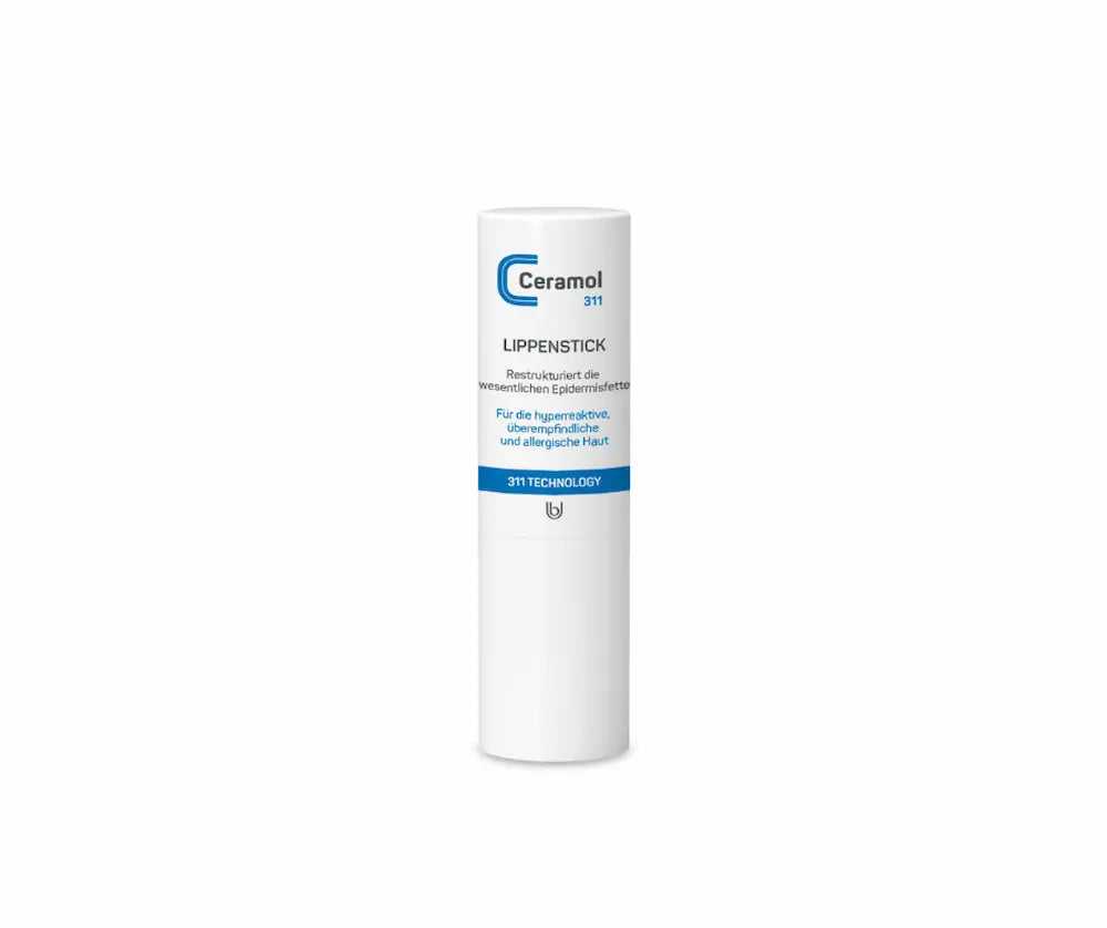 Ceramol 311 Lippenstick in weisser Hülse mit blauem Logo, beschriftet für hyperreaktive, überempfindliche und allergische Haut