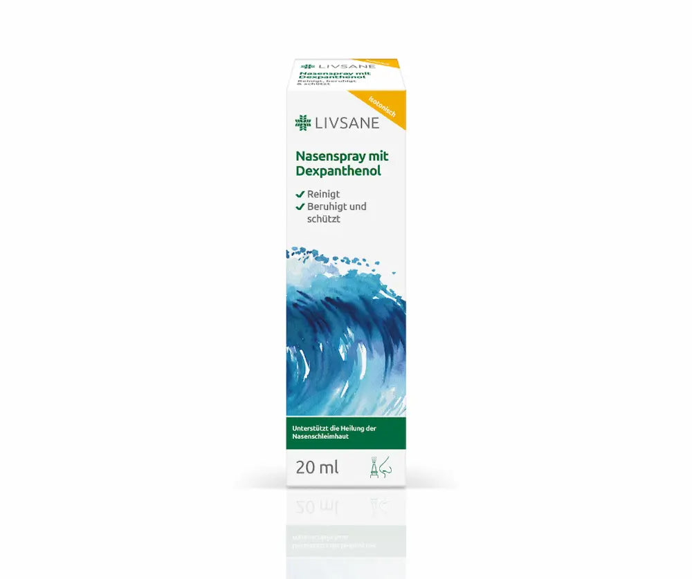 LIVSANE Nasenspray mit Dexpanthenol, weiße Faltschachtel mit blauem Wellenmotiv, isotonisch, reinigt, beruhigt und schützt, 20 ml