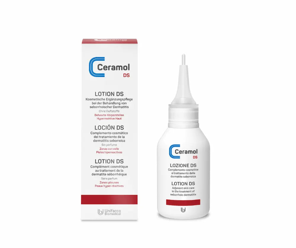 Ceramol DS Lotion in weißer Flasche mit Applikatorspitze neben weiß-roter Faltschachtel, Vorderansicht