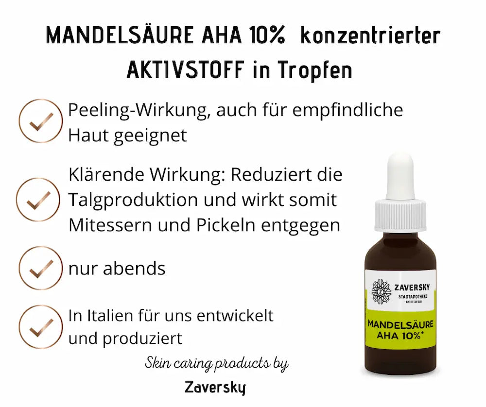 Mandelsäure AHA 10% Tropfen von Zaversky, Infografik mit Wirkversprechen und brauner Tropferflasche mit weißer Pipette