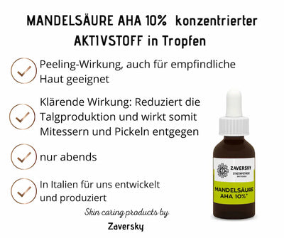 Mandelsäure AHA 10% Tropfen von Zaversky, Infografik mit Wirkversprechen und brauner Tropferflasche mit weißer Pipette