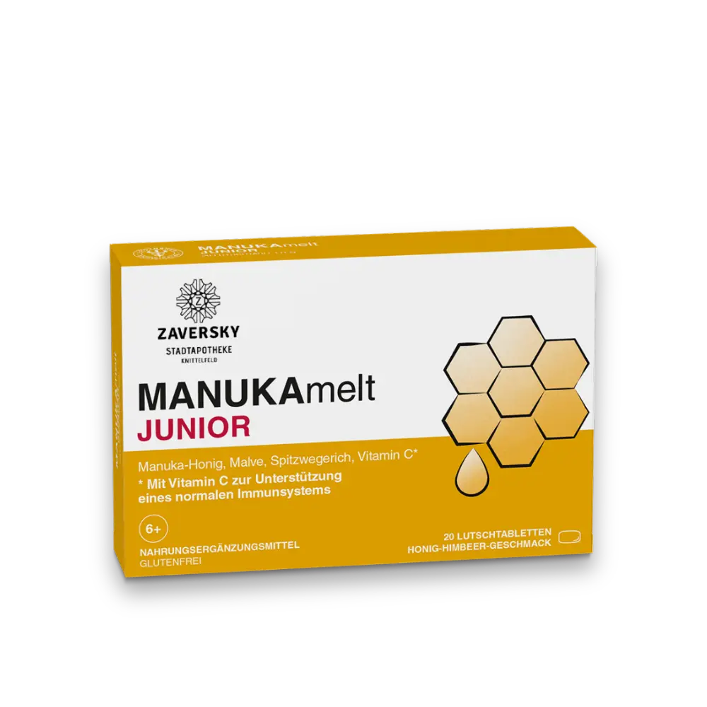 Zaversky MANUKAmelt JUNIOR, Verpackung mit Manuka-Honig, Malve, Spitzwegerich und Vitamin C, 20 Lutschtabletten Honig-Himbeer-Geschmack