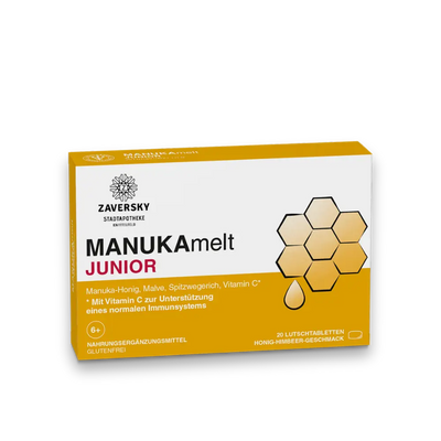 Zaversky MANUKAmelt JUNIOR, Verpackung mit Manuka-Honig, Malve, Spitzwegerich und Vitamin C, 20 Lutschtabletten Honig-Himbeer-Geschmack