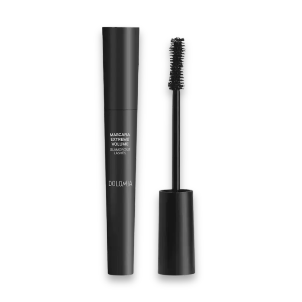 Dolomia Mascara Extreme Volume Glamorous Lashes in schwarzer Hülse mit geöffnetem Applikator und Bürste daneben