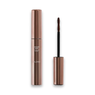 Dolomia Mascara Siero Revitalized Lashes in roségoldener Hülse, daneben geöffneter Applikator mit brauner Wimpernbürste.