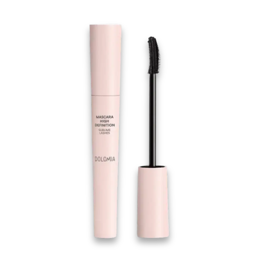 Dolomia Mascara High Definition Sublime Lashes in rosafarbener Tube mit geöffnetem schwarzem Applikator und geschwungener Bürste
