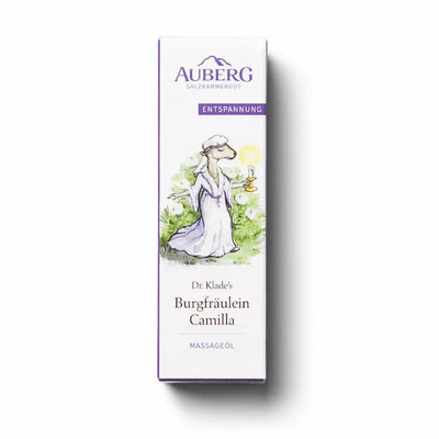 Verpackung von Auberg Dr. Klade's Burgfräulein Camilla Massageöl mit Entspannungs-Etikett und Illustration einer Märchenfigur.