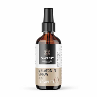 Zaversky Melatonin Spray Complete 25 ml in brauner Glasflasche mit schwarzem Sprühkopf und beigem Etikett, Vorderansicht