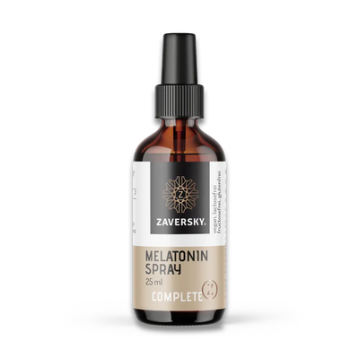 Zaversky Complete Melatonin Spray 25 ml in brauner Sprühflasche mit schwarzem Sprühkopf, vegan, lactose- und glutenfrei