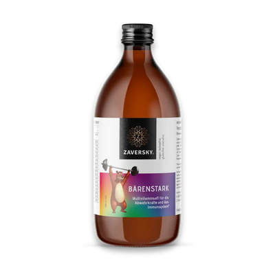 Zaversky Bärenstark Multivitaminsaft in brauner Glasflasche mit buntem Etikett und Bär-Illustration, 300 ml.