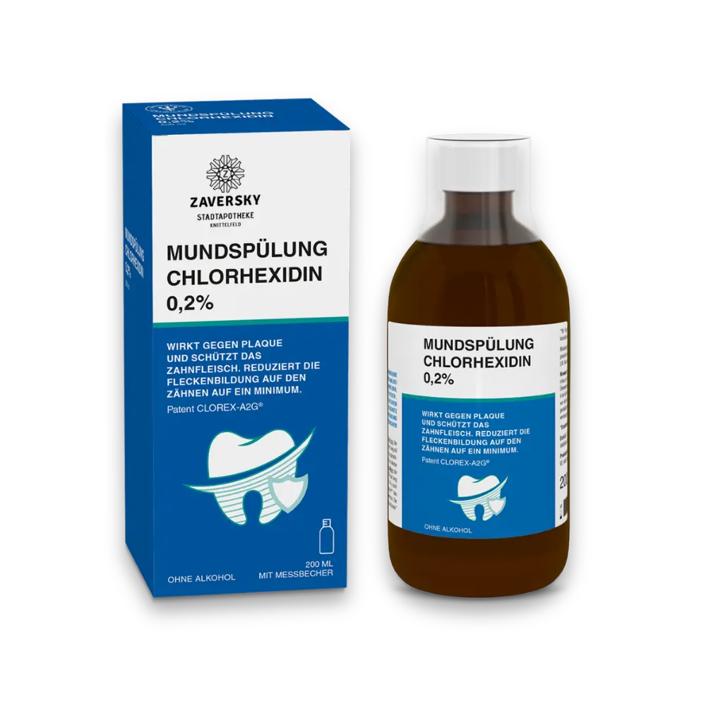 Zaversky Mundspülung Chlorhexidin 0,2%, 200 ml, Verpackung und Flasche, ohne Alkohol, mit Messbecher
