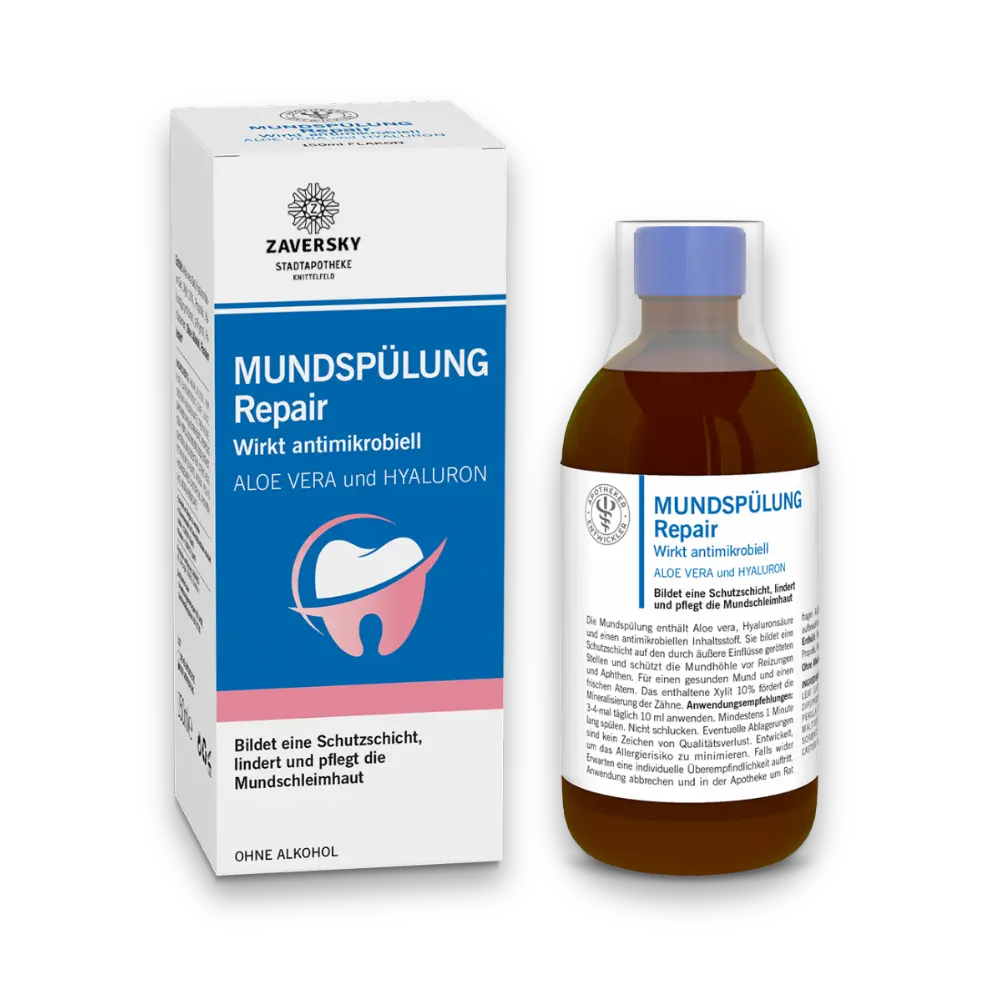 Zaversky Mundspülung Repair mit Aloe Vera und Hyaluron, Verpackung und Braunglasflasche mit blauem Verschluss, 150 ml.