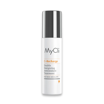MyCli C-Recharge Double Energizing Antioxidant Treatment in weißem Spender mit silberner Kappe für Gesicht, Hals und Dekolleté, Vorderansicht