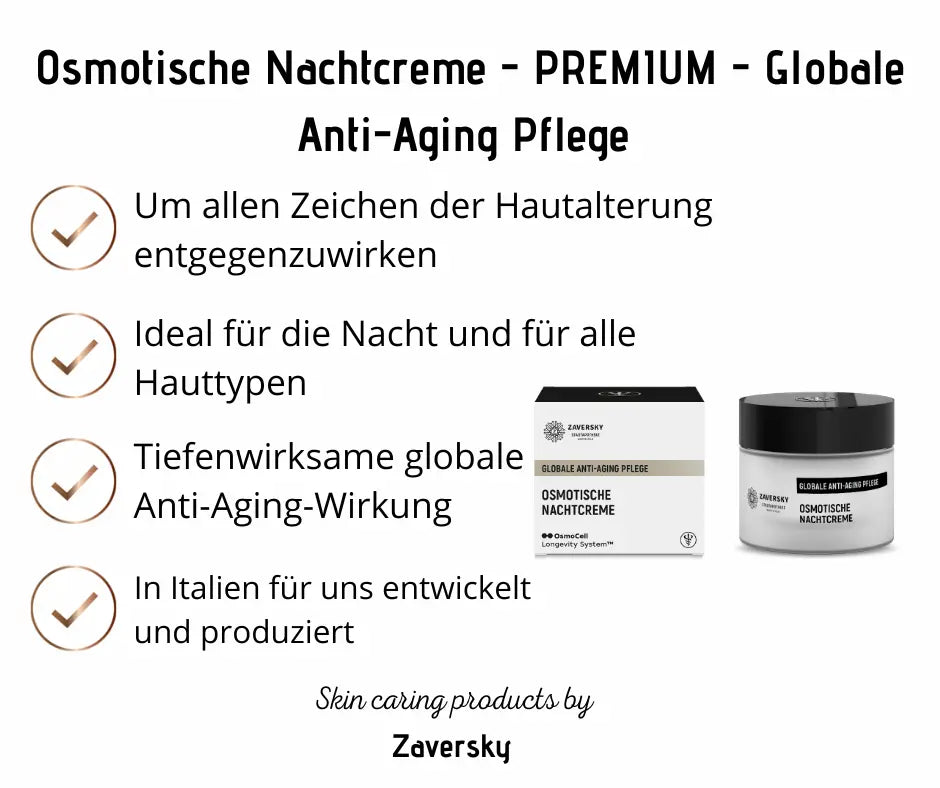 Infografik zur Osmotischen Nachtcreme von Zaversky mit Faltschachtel und Tiegel sowie Hinweisen zur Anti-Aging-Pflege für alle Hauttypen