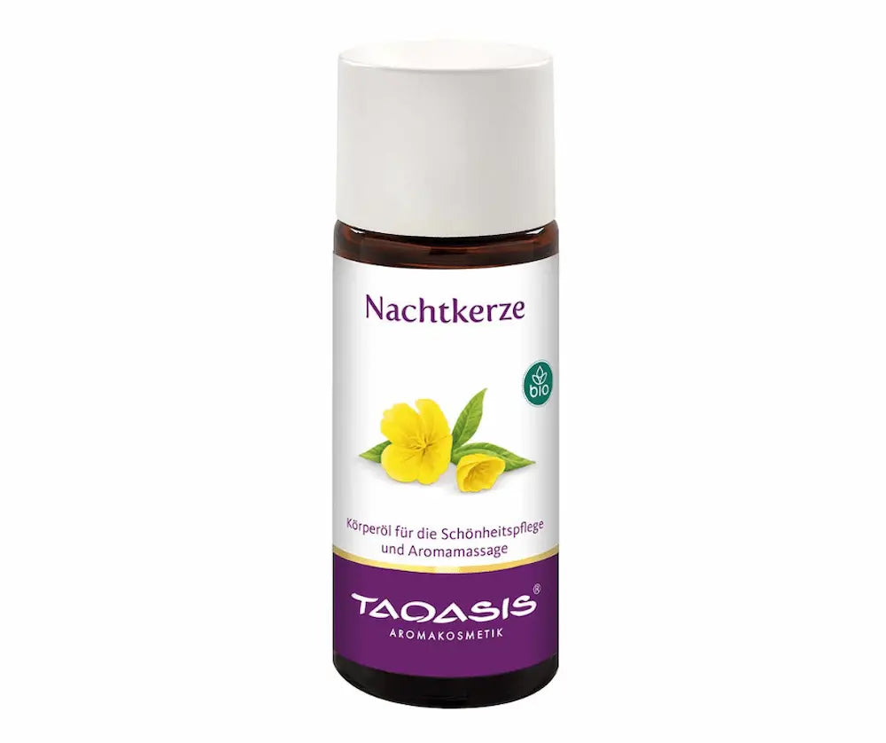 Taoasis Nachtkerze Körperöl in brauner Glasflasche mit weißem Verschluss, Bio-Siegel, für Schönheitspflege und Aromamassage