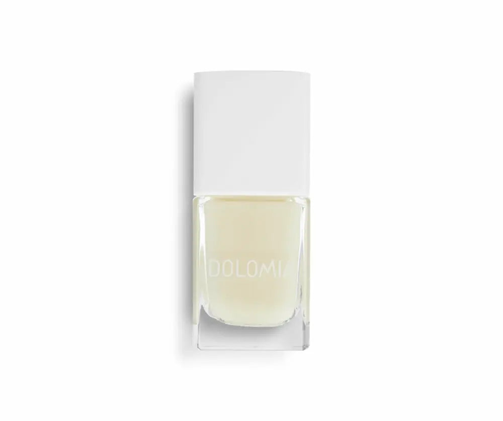 Dolomia Nagellack-Fläschchen mit weißem Verschluss und hellgelblicher Flüssigkeit, Vorderansicht vor weißem Hintergrund.