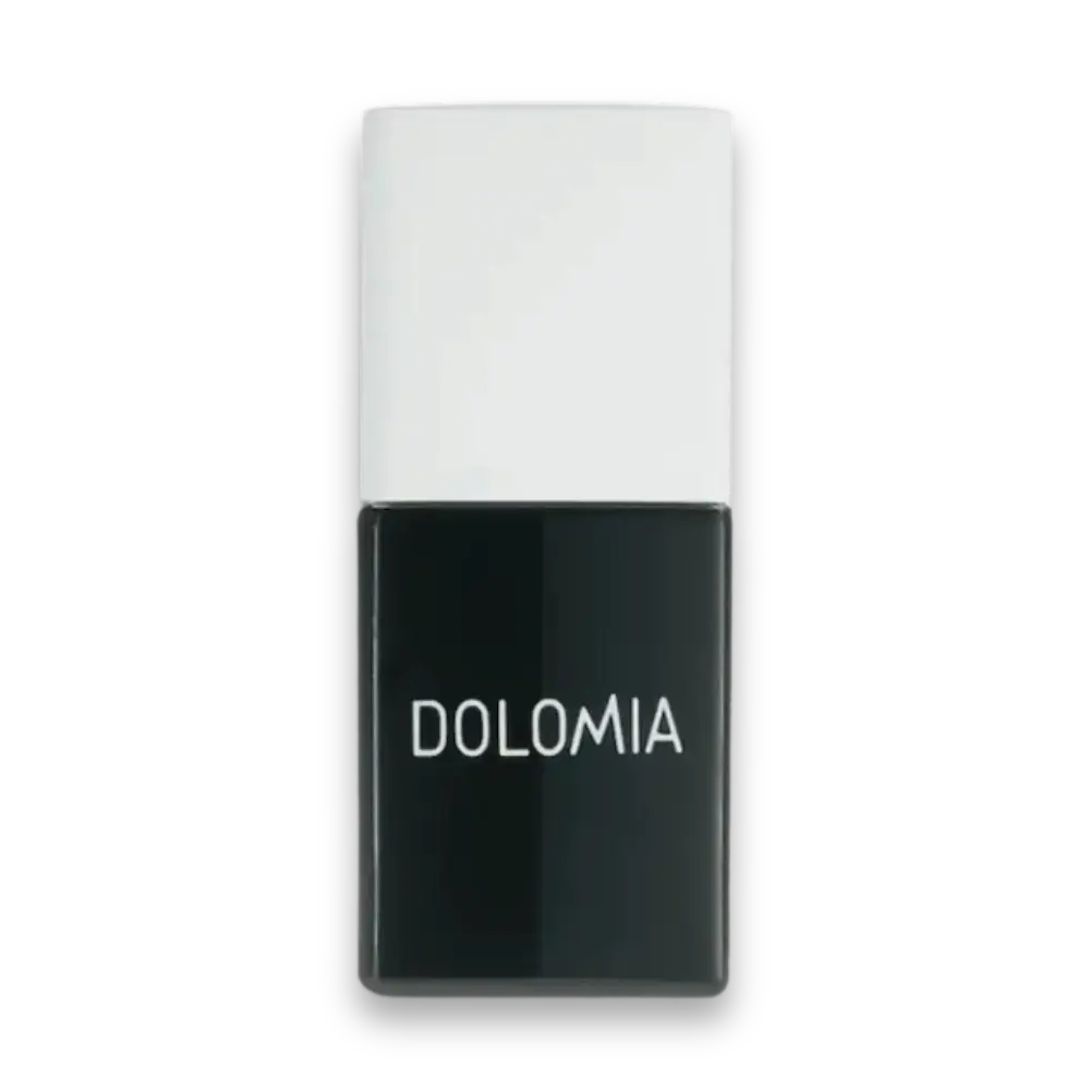 Rechteckige schwarze Nagellackflasche von Dolomia mit weißem Deckel und hellem Markenschriftzug, Vorderansicht vor weißem Hintergrund.