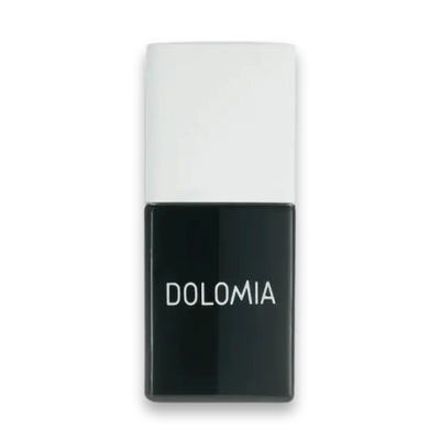 Rechteckige schwarze Nagellackflasche von Dolomia mit weißem Deckel und hellem Markenschriftzug, Vorderansicht vor weißem Hintergrund.