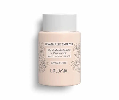 Dolomia Levasmalto Express Nagellackentferner in rosa Flasche mit weißem Deckel, acetonfrei, mit süßem Mandelöl und Hagebutte