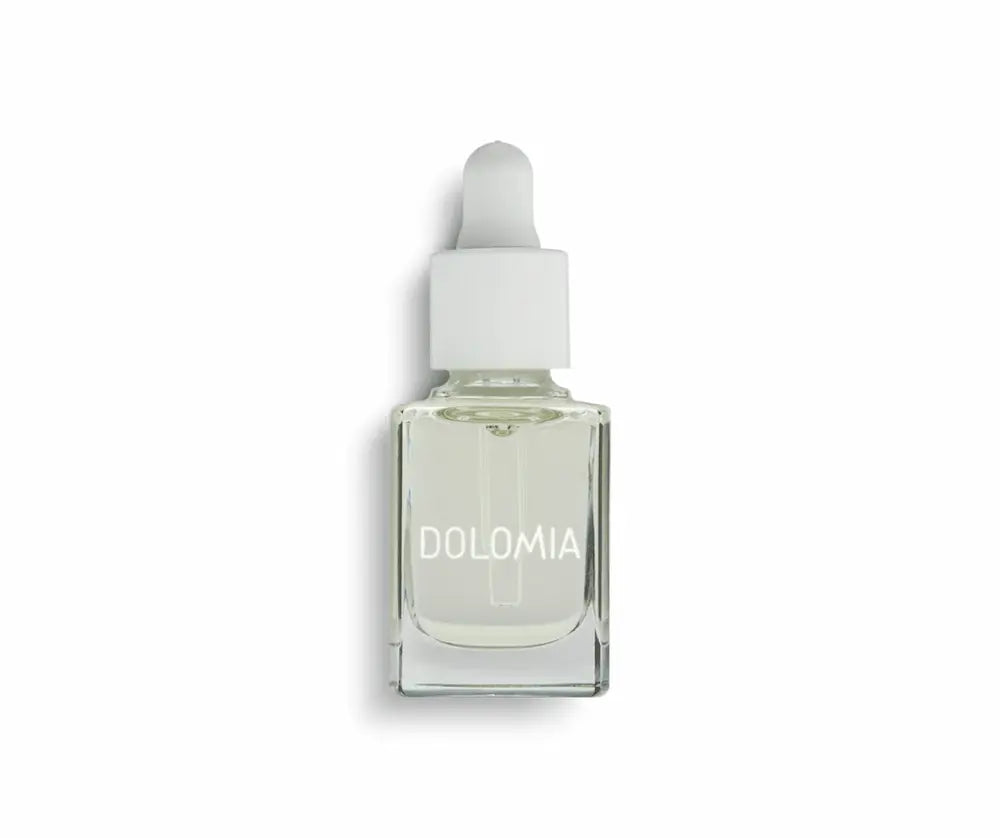 Dolomia Nagelpflegeöl in kleiner, eckiger Glasflasche mit weißer Pipette, transparente Flüssigkeit, Vorderansicht