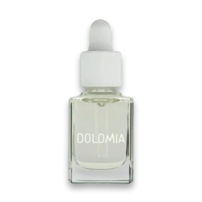 Dolomia Nagelpflegeöl in kleiner, eckiger Glasflasche mit weißer Pipette, transparente Flüssigkeit, Vorderansicht