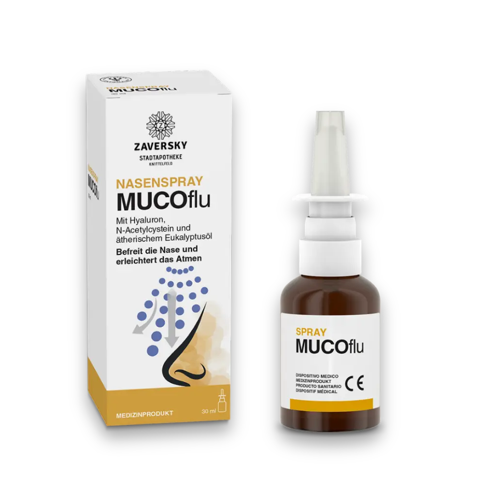 Zaversky Nasenspray MUCOflu mit Verpackung und Braunglasflasche, 30 ml, mit Hyaluron, N-Acetylcystein und Eukalyptusöl, Medizinprodukt.