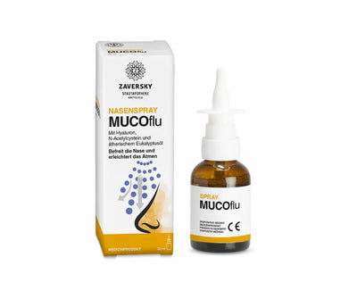 MUCOflu Nasenspray von Zaversky Stadtapotheke Knittelfeld, 30 ml Braunglasflasche mit Sprühkopf neben weiß-gelber Verpackung
