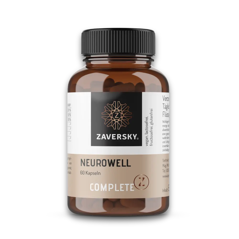 Zaversky Neurowell Complete Z, 60 Kapseln, braune Kapseldose mit Etikett "vegan, lactosefrei, fructosefrei, glutenfrei"