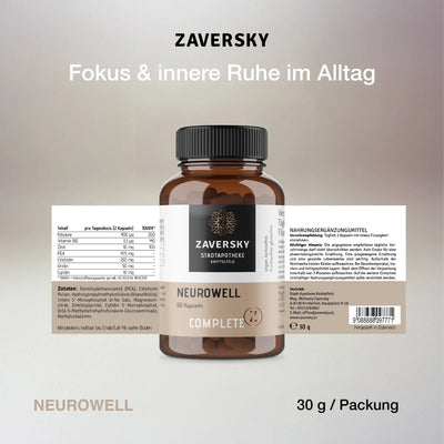 Zaversky Neurowell Complete Z, 60 Kapseln in Braunglasflasche, daneben Zutatentabelle mit Folsäure, Vitamin B12, Zink und PEA.