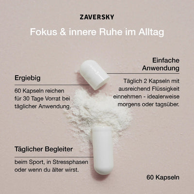 Zaversky Neurowell Infografik zu Fokus & innerer Ruhe: geöffnete Kapsel mit Pulver, Hinweise zu Ergiebigkeit, Anwendung und täglicher Einnahme, 60 Kapseln.
