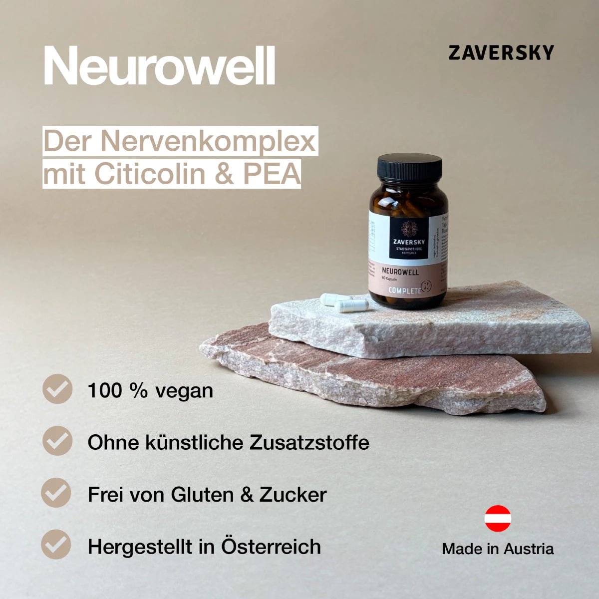 Zaversky Neurowell Nervenkomplex mit Citicolin & PEA, braune Kapseldose auf Steinplatten, Vorteile 100 % vegan, glutenfrei, made in Austria.