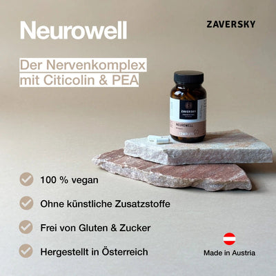 Zaversky Neurowell Nervenkomplex mit Citicolin & PEA, braune Kapseldose auf Steinplatten, Vorteile 100 % vegan, glutenfrei, made in Austria.