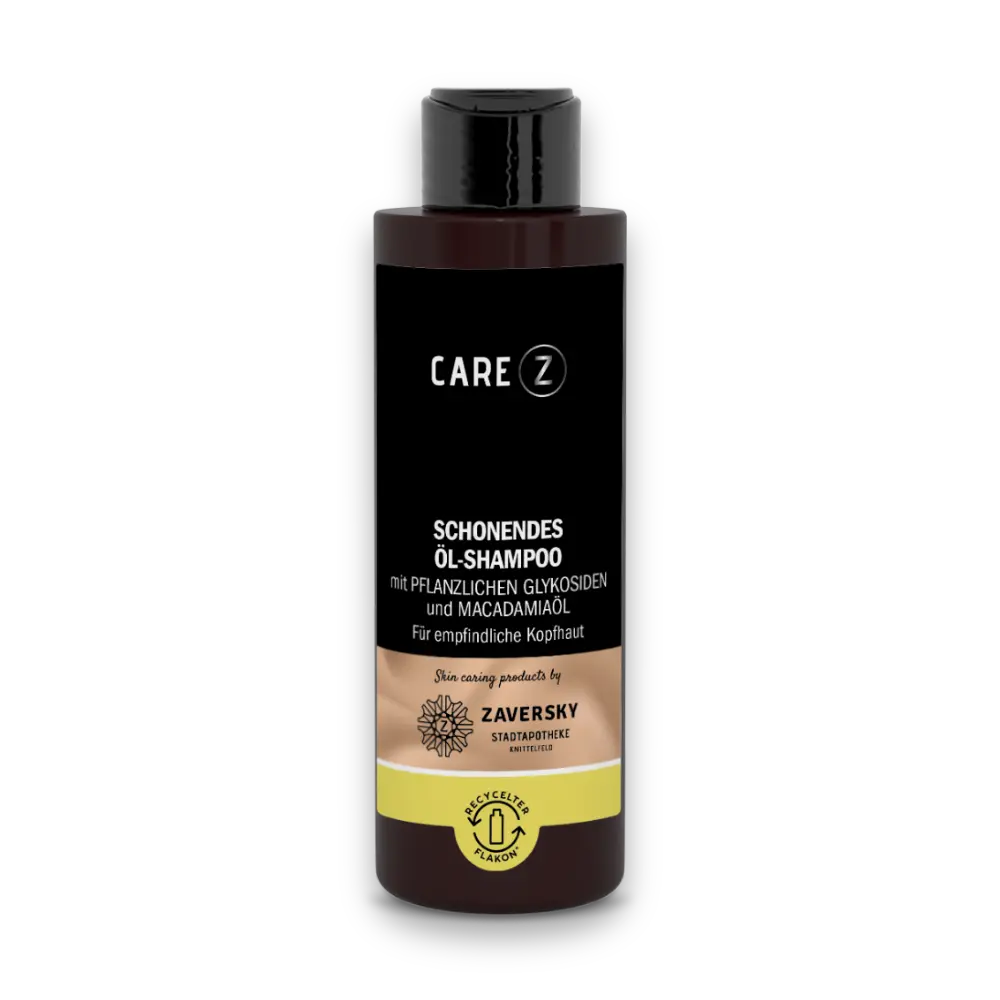 CARE Z Schonendes Öl-Shampoo mit pflanzlichen Glykosiden und Macadamiaöl im braunen Flakon, für empfindliche Kopfhaut