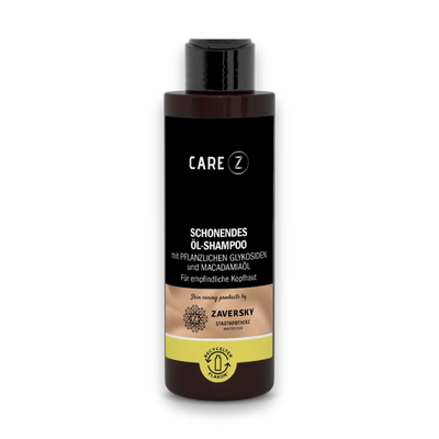 CARE Z Schonendes Öl-Shampoo mit pflanzlichen Glykosiden und Macadamiaöl im braunen Flakon, für empfindliche Kopfhaut