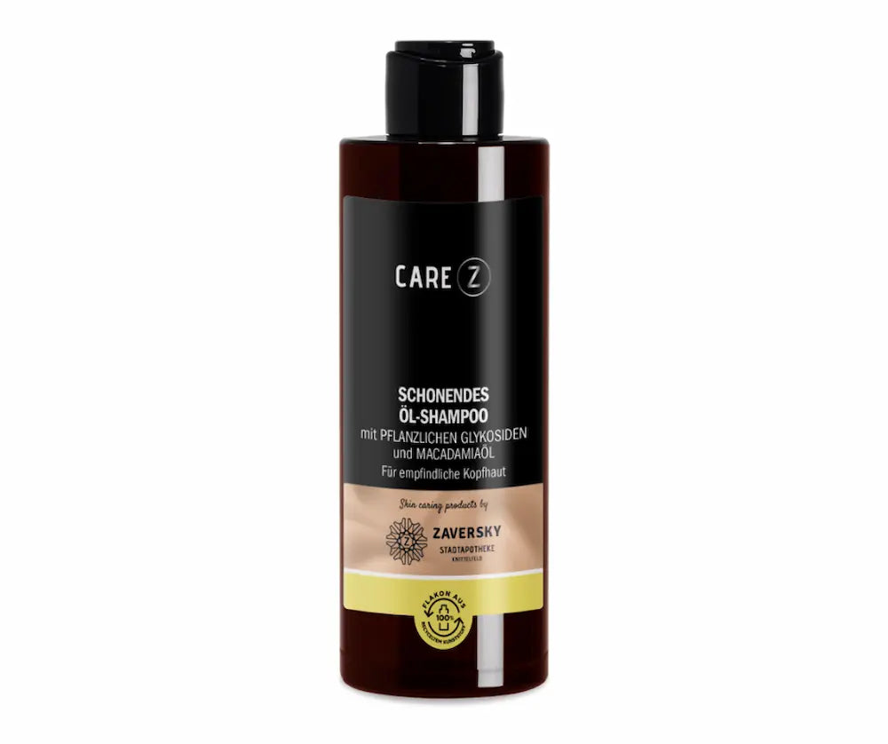 Care Z Schonendes Öl-Shampoo mit pflanzlichen Glykosiden und Macadamiaöl für empfindliche Kopfhaut in brauner Flasche