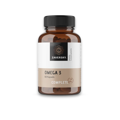  Zaversky Omega 3 Complete, 60 Kapseln, braune Dose mit schwarzem Deckel und beigem Etikett, lactose- und glutenfrei.