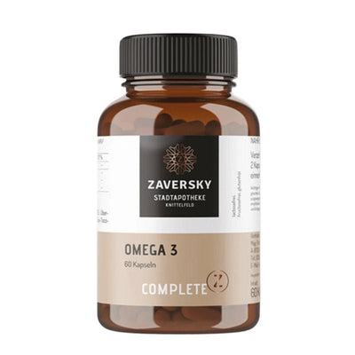 Braunglas-Dose Zaversky Stadtapotheke Knittelfeld Omega 3 Complete mit 60 Kapseln, schwarzem Deckel und beigem Etikett, Vorderansicht.