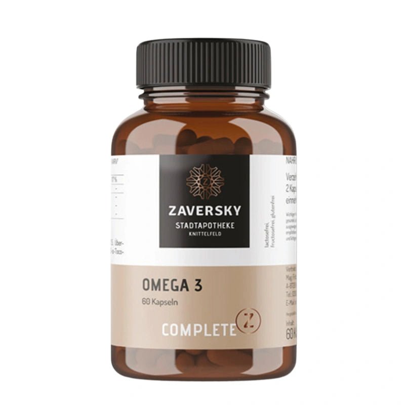 Braunglas-Dose Zaversky Stadtapotheke Knittelfeld Omega 3 Complete mit 60 Kapseln, schwarzem Deckel und beigem Etikett, Vorderansicht.
