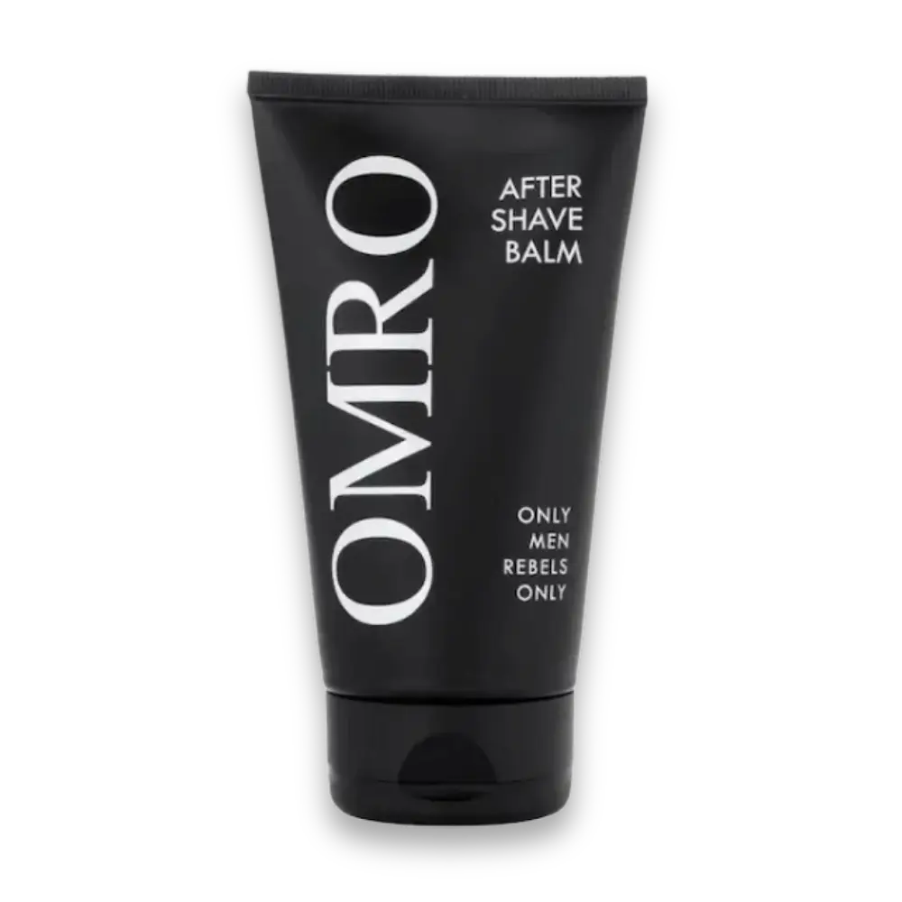 OMRO After Shave Balm in schwarzer Tube mit weißer Aufschrift und Slogan „Only Men Rebels Only“, Vorderansicht.