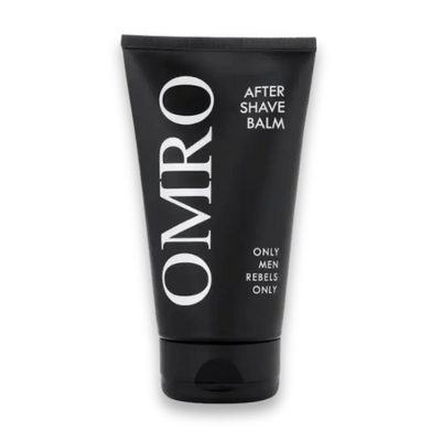 OMRO After Shave Balm in schwarzer Tube mit weißer Aufschrift und Slogan „Only Men Rebels Only“, Vorderansicht.